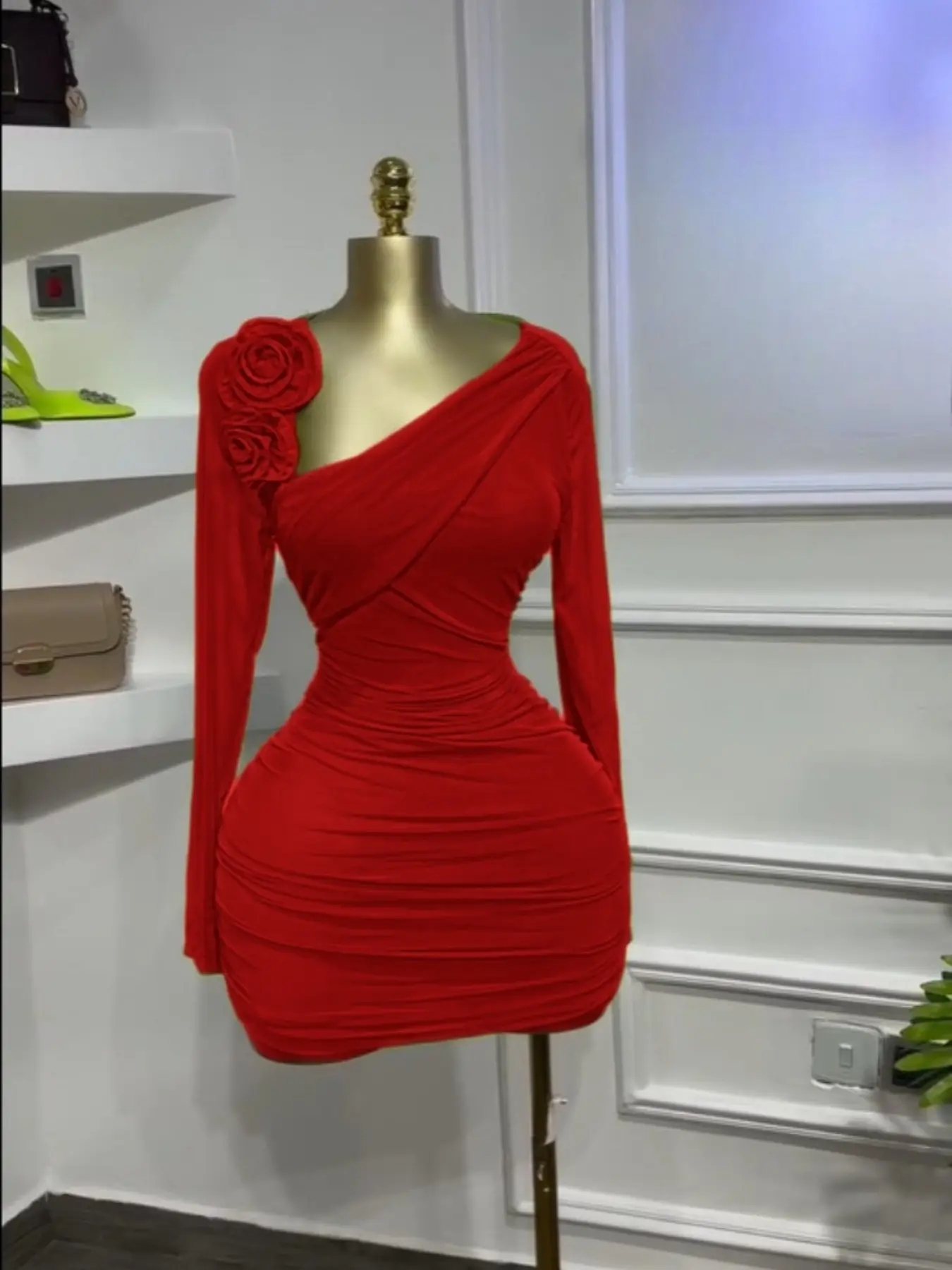 Women's Long Sleeve Floral Applique Bodycon Ruched Dress, Asymmetrical Neckline Party Birthday Dress, Elastic Holiday Vacation Cocktail Prom Dress for Women, Green and Red Dresses