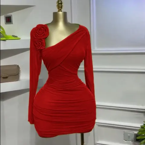 Women's Long Sleeve Floral Applique Bodycon Ruched Dress, Asymmetrical Neckline Party Birthday Dress, Elastic Holiday Vacation Cocktail Prom Dress for Women, Green and Red Dresses