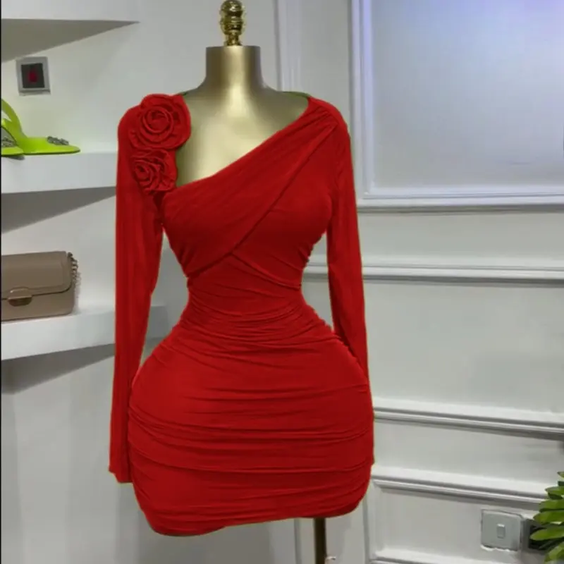 Women's Long Sleeve Floral Applique Bodycon Ruched Dress, Asymmetrical Neckline Party Birthday Dress, Elastic Holiday Vacation Cocktail Prom Dress for Women, Green and Red Dresses