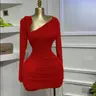 Women's Long Sleeve Floral Applique Bodycon Ruched Dress, Asymmetrical Neckline Party Birthday Dress, Elastic Holiday Vacation Cocktail Prom Dress for Women, Green and Red Dresses