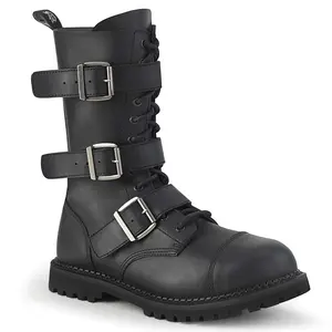 Demonia Men's Riot-12BK Black Vegan Leather Ankle Boots with Triple Buckle Closure & Steel Toe for Casual Wear