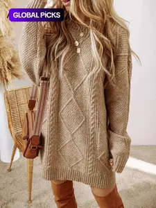 Women's Solid Textured Cozy Cable Knit Drop Shoulder Sweater Dress, Casual Long Sleeve Round Neck Jumper Dress for Fall & Winter, Women's Knitwear for Daily Wear Womenswear