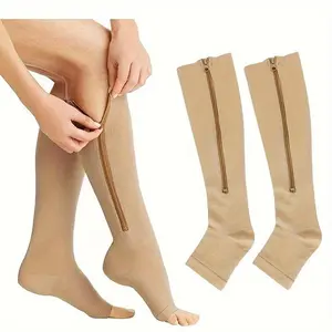 2 Pairs Unisex Open Toe Compression Socks - Side Zipper, Toeless. Elastic Calf Support, All-Season, Machine Washable Polyester.   2Pairs (Skin+Black)