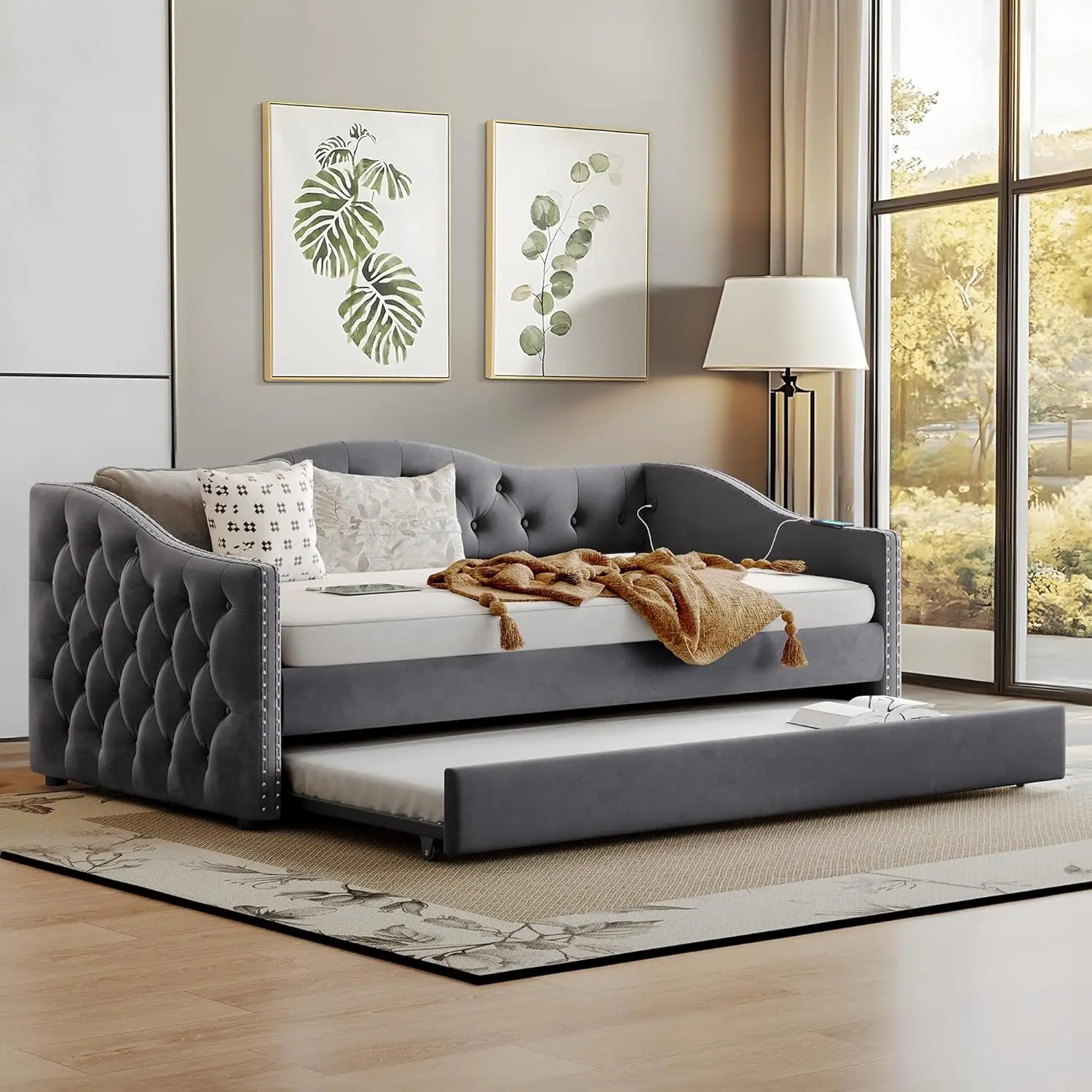Plush Velvet Twin Daybed with Pop‑Up Trundle, Convertible Sofa Bed Frame with USB Charging Station for Bedroom & Living Room,Grey