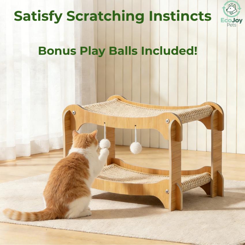 EcoJoy Pets 2-Tier Cat Hammock & Scratching Bed, Durable Wooden Pet Lounge with Natural Sisal Mats, Indoor Cat Furniture with Dangling Play Balls, Heavy Duty Support up to 33lbs