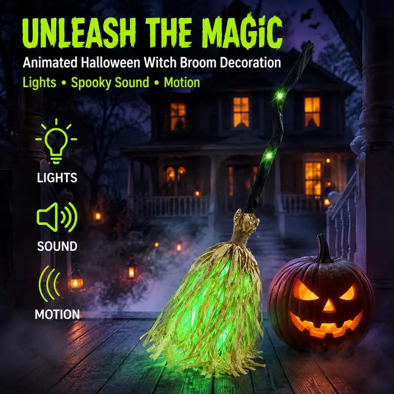 LED Glowing Motion-Activated Musical Raffia Witch Broom Decor, Indoor-Outdoor Halloween Party Ornament, Festive Holiday Home Supplies Gift
