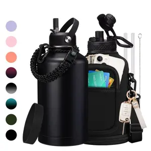 64oz Insulated Water Jug, Gallon Stainless Steel Flask Water Bottle - Big Water Jug with Straw & Spout Lid, Paracord Handle, Carrier Bag, 32/40/64/128oz, Black