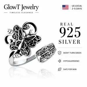S925 Sterling Silver Vintage Butterfly Open Ring - Trendy Oxidized Filigree Adjustable Spoon Band with Double Butterfly, Hypoallergenic Stackable Jewelry Gift for Her, TikTok Viral Witchy Nature Ring for Sensitive Skin