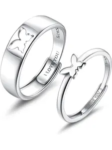 2 Pcs Matching Rings for Couples 925 Sterling Silver Matching Heart Promise Rings I Love You Engagement Wedding Ring Sets for Him and Her Adjustable Butterfly Matching Rings Valentines Day Gifts