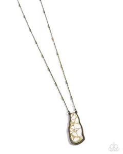 Set to Stun - Brass Barred Chain Holds White Marbled Stone in Abstract Brass Frame Pendant Necklace