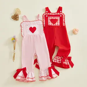 Babamoon Kids Girls Overalls, Plaid Heart Sleeveless Flare Pants Jumpsuit Bowknot Valentine’s Day Clothes for Casual Daily