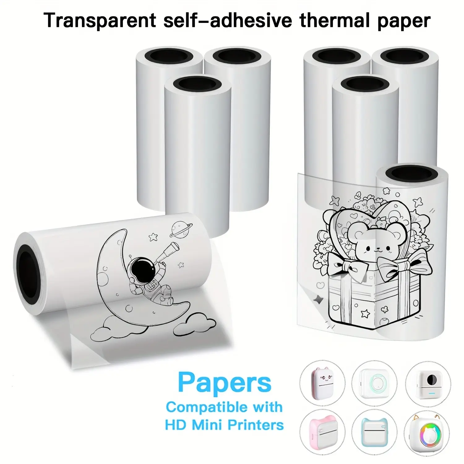 7/12 Rolls Self-Adhesive Stickers and Transparent Sticker Packs, Thermal Printing Labels, 57mm Wide, Compatible with Portable Mini Printer