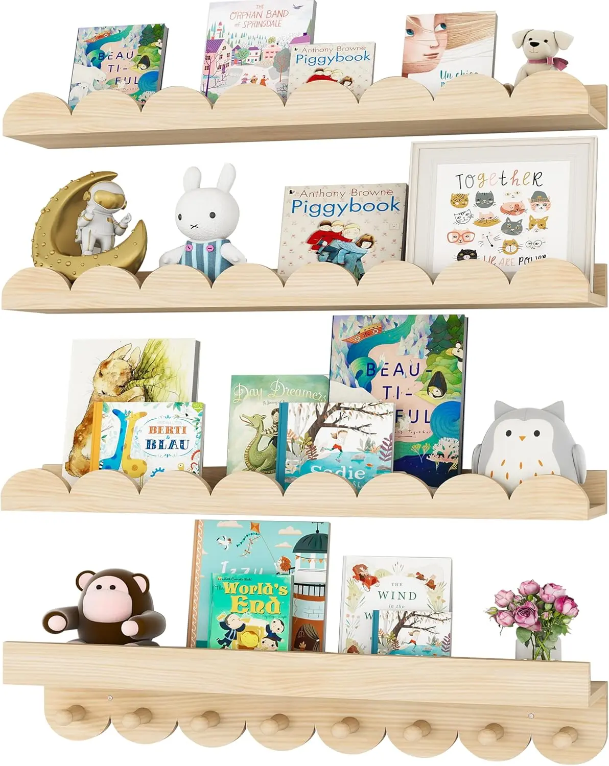 Oakault 24 Inch Nursery Book Shelves with Hooks, 4-Pack Floating Shelves for Wall, Scalloped Shelves, Wall Book Shelves for Kids Room, Toddler Room, Baby Room, Nursery Decor
