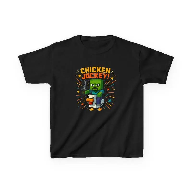 Kids Tee, Chicken Jockey Minecraft Movie/Game Inspired Shirt, Cotton Tshirt, Youth Apparel, Children Graphic Top, Gamer Gift, Gaming Tee