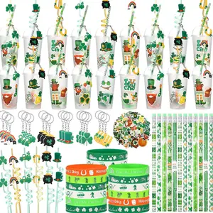 24/30 Set St Patrick's Day Stationery Gifts Set St Patrick's Day Party Favor Lucky Shamrock Cup Fillers  Pencil Lids Straws Keychain Silicone Bracelet for Boys Girls Students Teachers Friends for Party Supplies Irish Classroom Exchange Gift School Reward