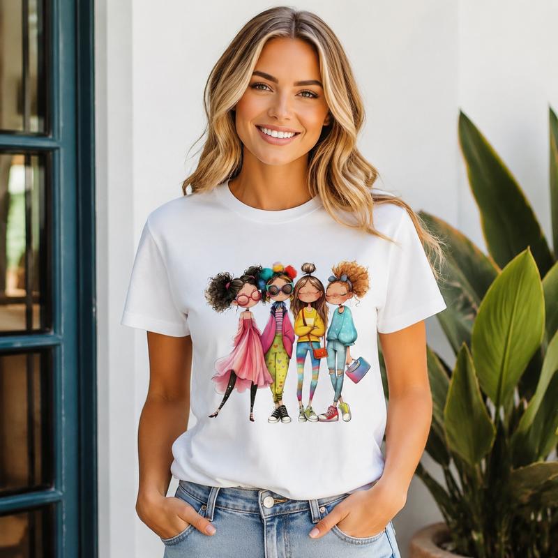 Women's Essential Cartoon Girl Squad Graphic Tee - 100% Cotton, Short Cap Sleeves, Oversized Crew Neck, Loose Plus Size Tshirt, Soft Inclusive Casual Breathable Fabric, S-5XL TikTok Viral Beach Top