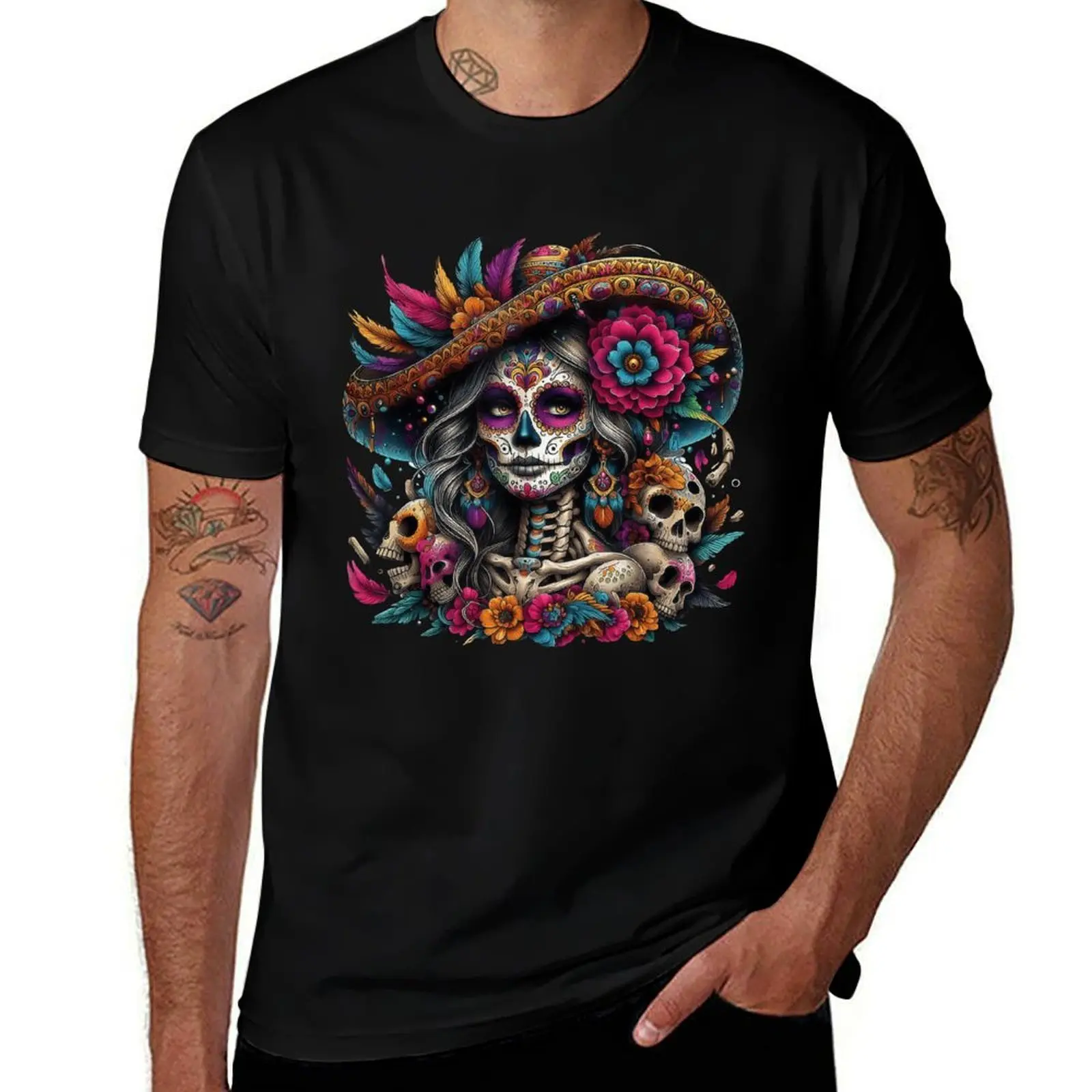 100% Cotton Unisex De Los Muertos La Catrina Day of The Dead Sugar Skull Women T-Shirt cotton  on Women's Trendy Crew Neck Blouse women's  clothes Black Casual Womenswear Tshirt