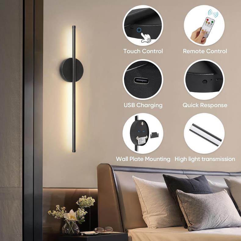 2pcs 50cm Rechargeable Wall Sconce Lights Battery Operated 3 Color Temperature Dimmable Wireless with Remote Control Black for Living Room Bedroom Modern Interior Elegance
