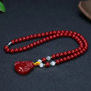 Elegant Cinnabar Red Sand Character Cat'S Eye Stone Necklace Pendant