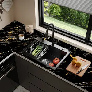 Gold Vein Black Marble Peel and Stick Oil-Proof Wallpaper, Luxe TV Background Wall Sticker, Gold Texture PVC Self-Adhesive, 45cm x 3m Roll, Waterproof Heat-Resistant, DIY Removable Home Decor, Marble Pattern Wallpaper