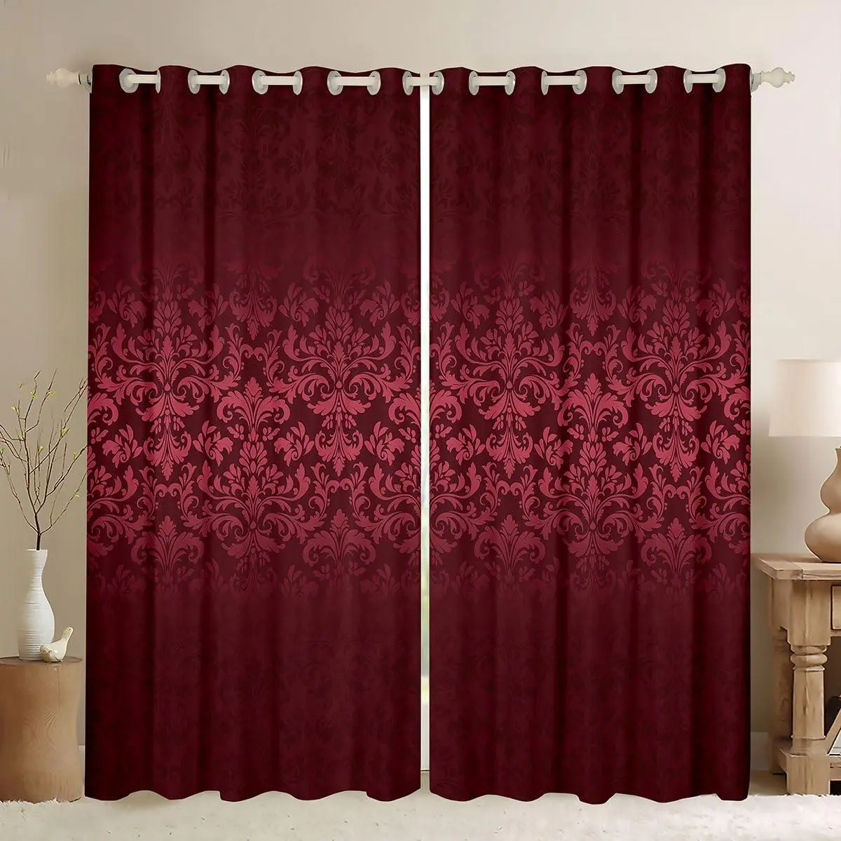 Gothic Damask Blackout Curtains Vintage Jacquard Darkening Drapes Bedroom Living Room Red Floral Thermal Insulated Shades Classic Window Treatments,2 Panels