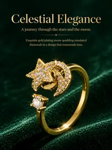 14K Gold Plated Rotating Star and Moon Ring for Women - Anti-Anxiety Fidget Spinner Ring, Adjustable Open Cuff Crystal Constellation Ring, Luxury Aesthetic Jewelry Gift