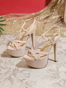 Women's High Heel Sandals, Cross Strap Buckle Design, Velvety Material, Waterproof Platform, Soft Touch, European Style, Slimming Effect
