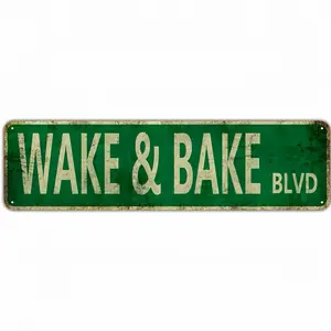 Funny Wake and Bake Blvd Metal Tin Sign 16x4 In | Slim Vintage Weed Marijuana Street Plaque | Humorous Man Cave Garage Wall Decor, 4th of July Gifts