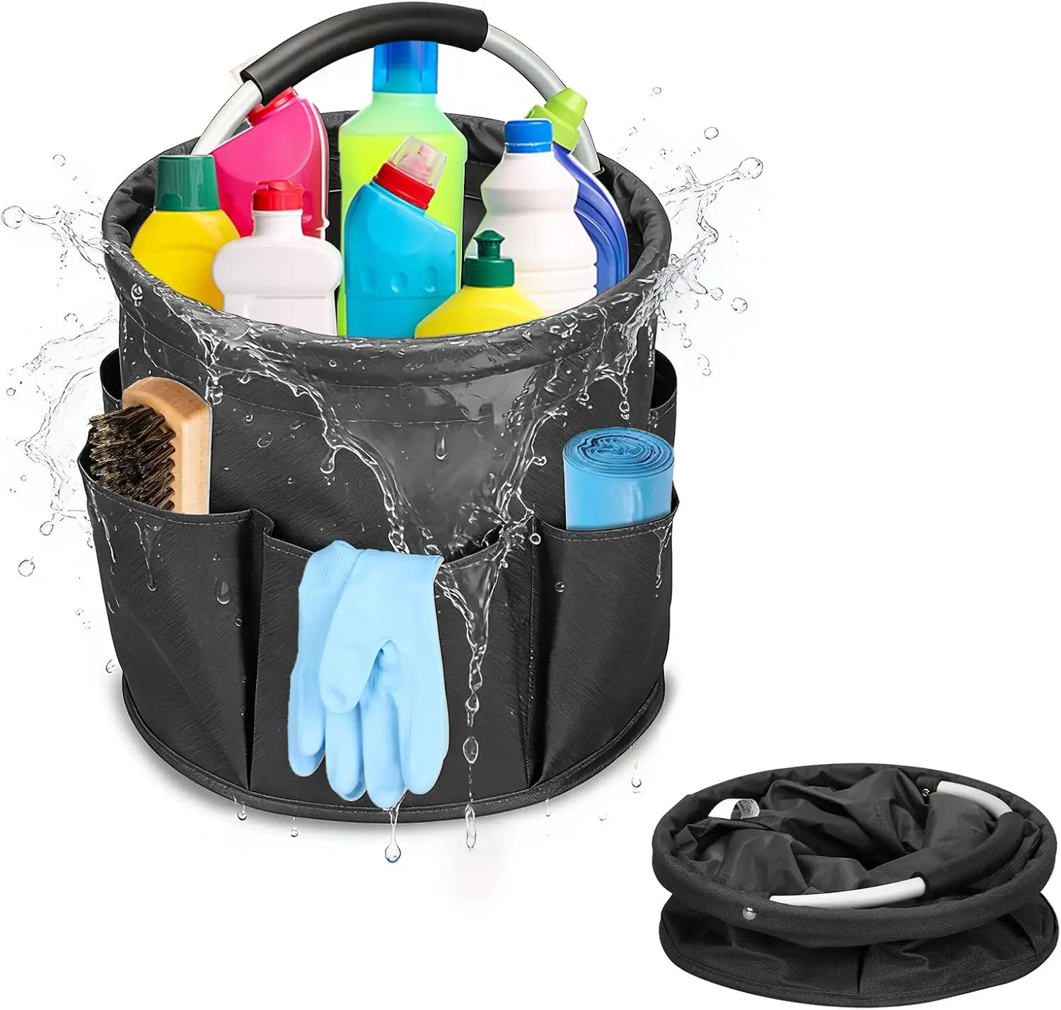 Cleaning Caddy for Cleaning Supplies, 17L Cleaning Supply Caddy with Handle Foldable Cleaning Supplies Organizer Bucket Tool Bag Organizer Cleaning Products Organizers for Home, Garden (Black)
