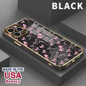 Soft Case for iPhone 15 Pro Max 16 14 Plus 13 12 11 X XS Max XR Pink Bow Delight Luxury Golden Edge Electroplating TPU Full Camera Lens Protection Phone Cover for