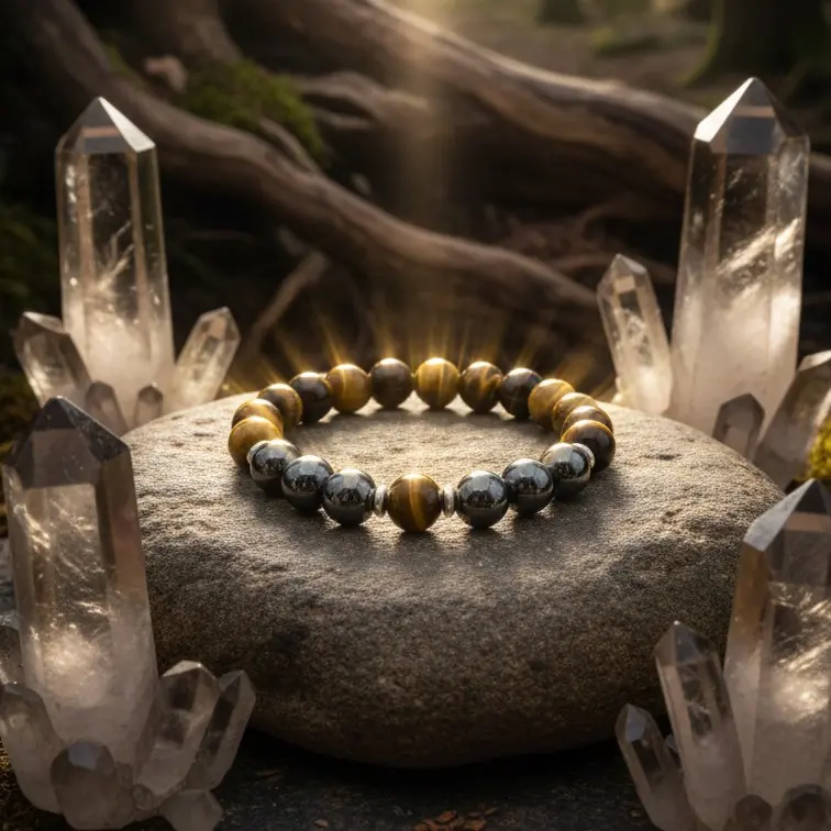 Natural Hematite & Tiger Eye Beaded Bracelet, Energy Stone for Negative Energy Blocking, Wealth & Luck Attraction, Unisex Elastic Crystal Bracelet for Daily Spiritual Support