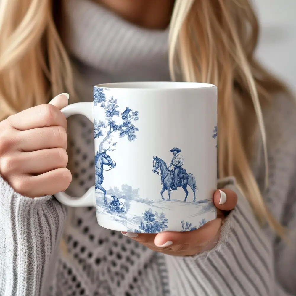 Cowboy Toile Ceramic Mug, Gift for Western Fans, Toile de Jouy, Coffee Cup, Tea Mug, Kitchen Gift, Unique Homeware - cob00373