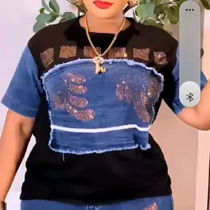 Stylish Denim Top with Sequin Embellishments and Frayed Hem for Women's Fashion