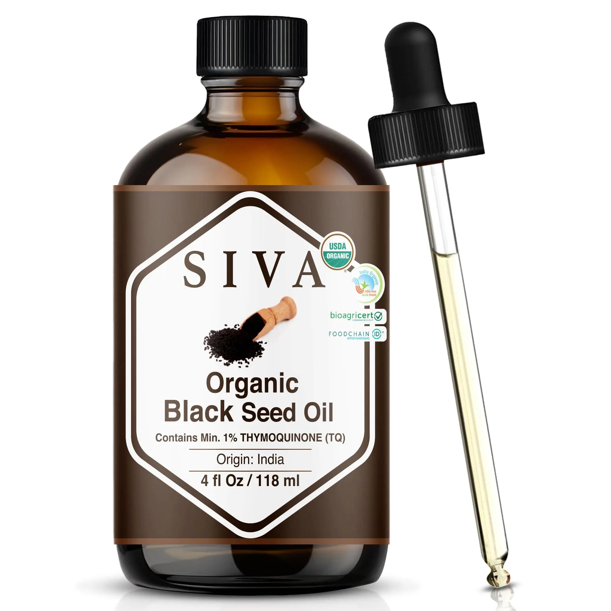 SIVA Black Seed Oil Organic - 4 Fl Oz – 100% Natural Cold Pressed Black Seed Oil - for Face, Skin Care, Hair Care, Scalp Massage & Body Massage – Carrier Oil with Dropper