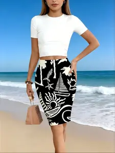 ladies' bodycon skirt Black And White Tropical Design With Sailboat Sun And Palm Trees 3D full-frame printing tight-fitting fashionable and comfortable Casual and versatile four seasons trendy printed bag women's clothing European and American style