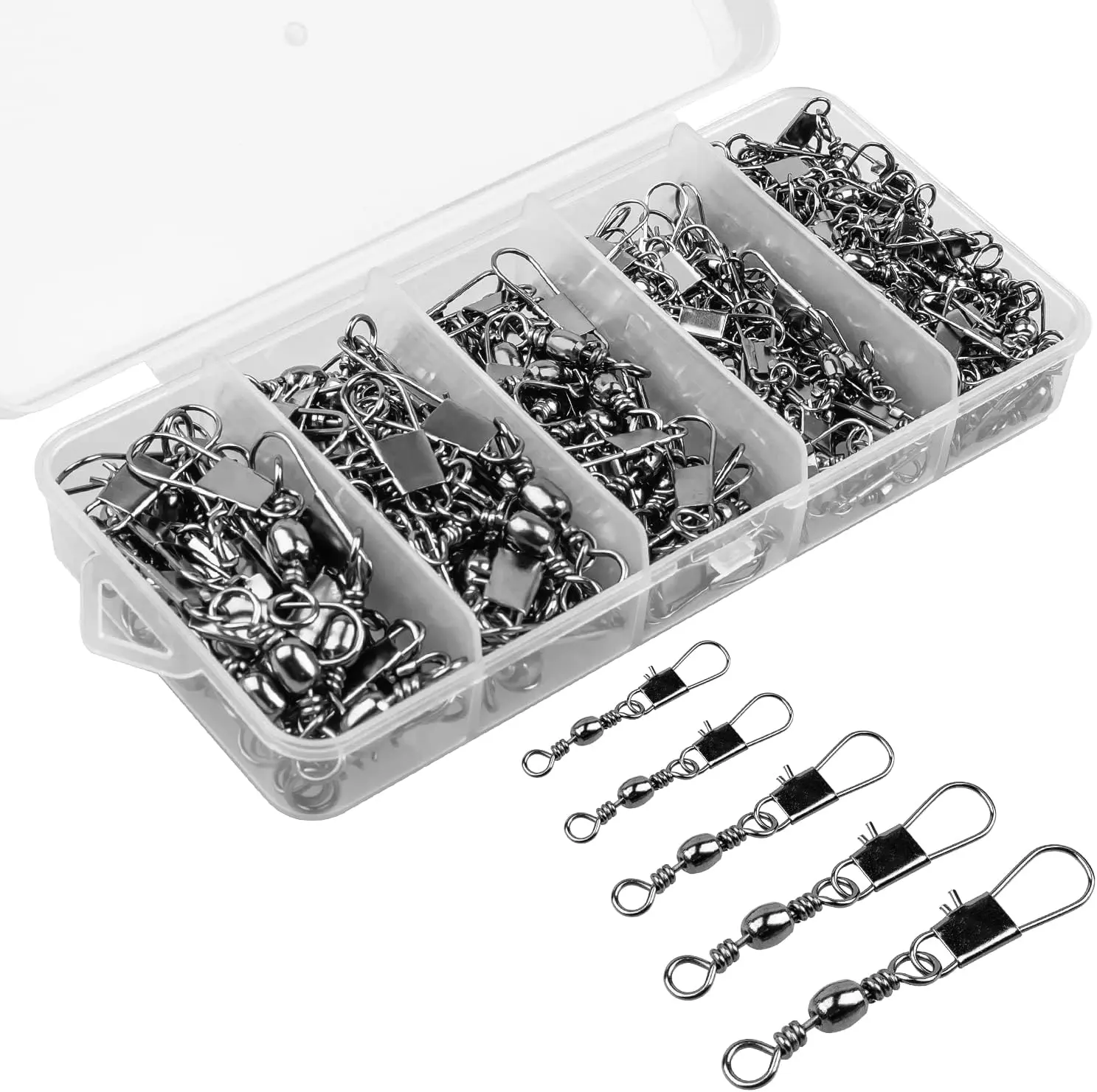 200PCS Fishing Rolling Ball Bearing Barrel Swivel with Safety Snap Connector #2#4#6#8#10