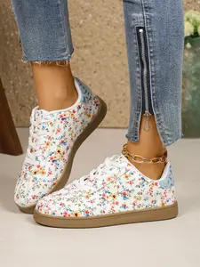 🌸Women's Cute Floral Print Low-Top Rubber Sneakers, Fashionable PU Leather Casual Shoes, Sporty Style for All Seasons, Walking Shoes, Sports Shoes