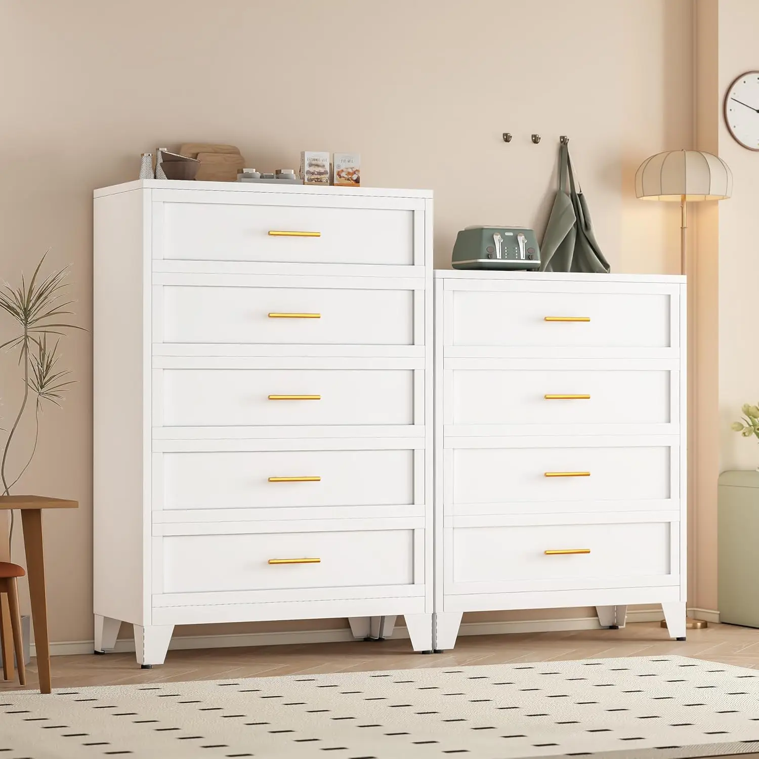 GEITIN Modern Tall Steel Frame Dresser - 3/4/5 Drawers Multi-Color Sturdy Chest with Adjustable Feet, Floor Mount for Bedroom Decor, Tea/Coffee Bar Storage