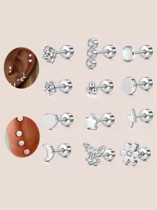 12pcs/set Elegant 20G 316L Stainless Steel Cartilage Earring CZ Butterfly Flower Heart Star Moon Earring Studs Flat Back Cartilage Conch Helix Lobe Piercing Jewelry For Women Men Daily Wear Valentine Thanksgiving Gift