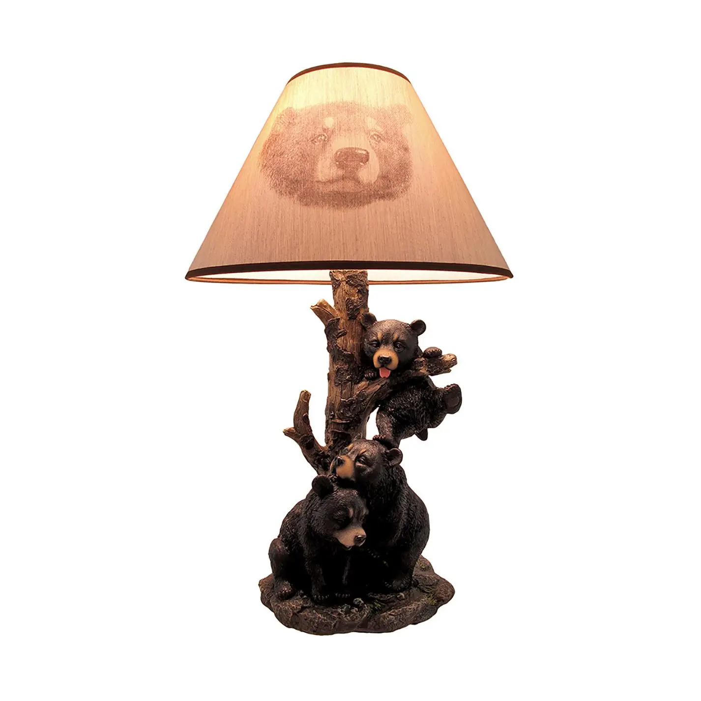 Black Bear Family Table Lamp W/ Tree Bark Print Shade Western Décor