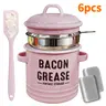 46oz Large Stainless Steel Enamel Bacon Grease Container with Built-in Fine Mesh Strainer Lid - Dustproof Seal, Heat-Safe White Jar, Reusable, Easy-to-Clean for Food Preservation Solutions, Includes Mini Silicone Pan-Safe Spatula, Maintains Freshness
