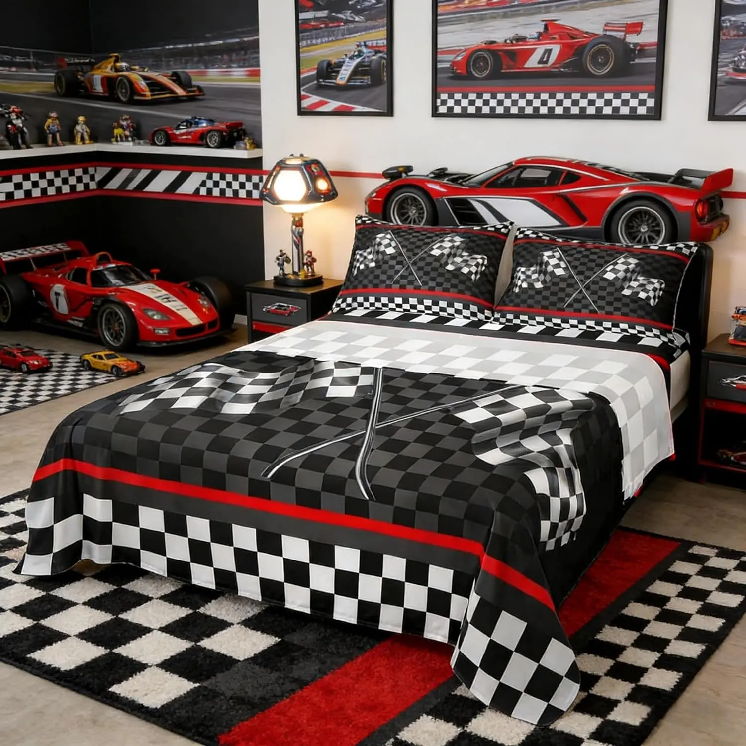 Racing Car Sheet Adults Bedroom/Gamer Decor,Flags Checkered Grids Geometric Bedding Set,Modern Sports Stylish Black White Bed Sheet Set (Fitted + Flat )