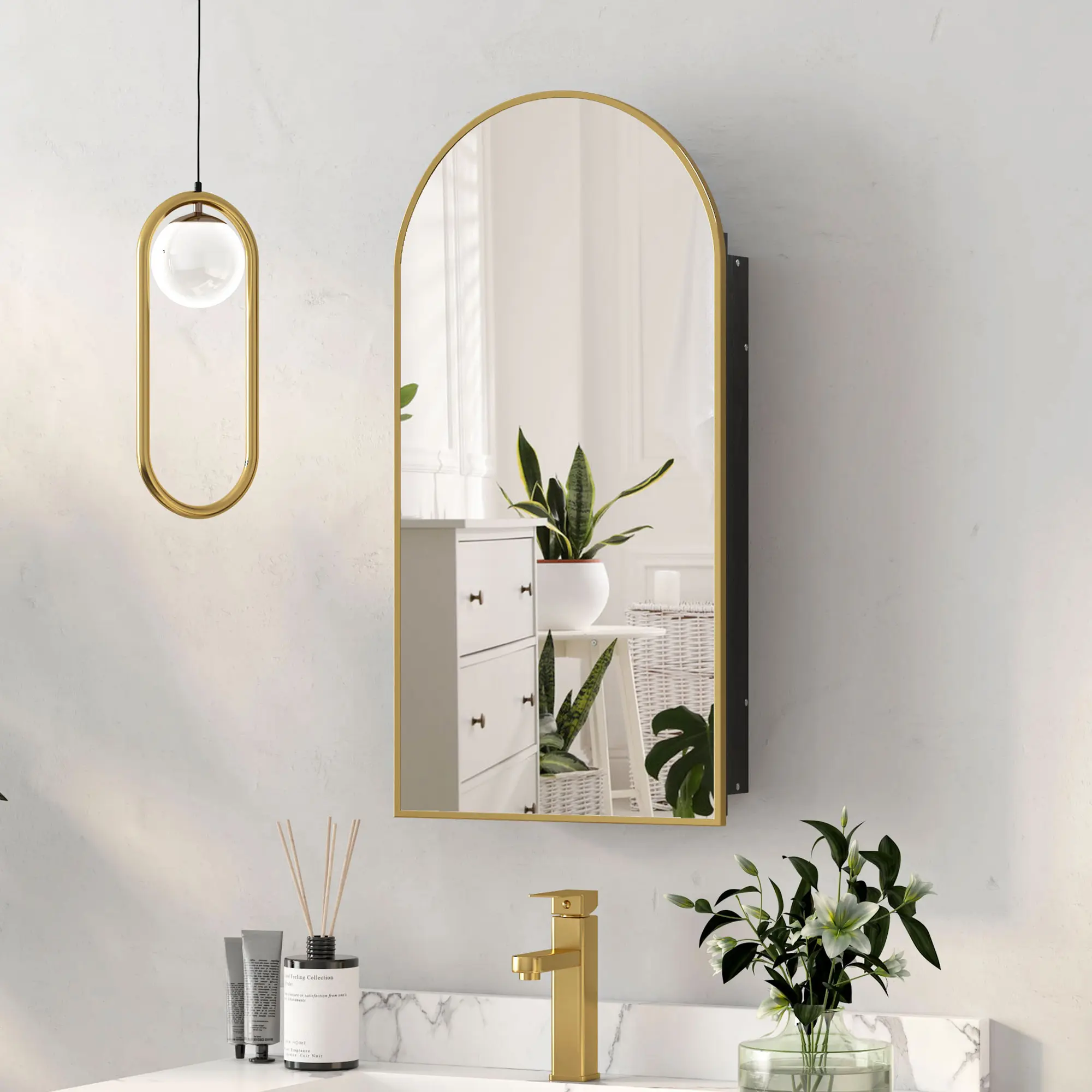 Mepplzian Arched Wood Mirrored Medicine Cabinet - 15.7x31.4in MDF Wall Mount, Modern Clean-Line Design, Wood Backing, 3 Glass Shelves, Non-Locking Over-The-Toilet Bathroom Cupboard, Assembly Required, Space-Saving Indoor Mirrored Furniture, Space Saving F