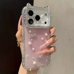 Luxury 3D Bow Pearl Glitter Rhinestone Cat Ears DIY Case For iPhone 17 Pro Max 16 15 Pro 14 Plus 13  Pro  Candy Color Cover