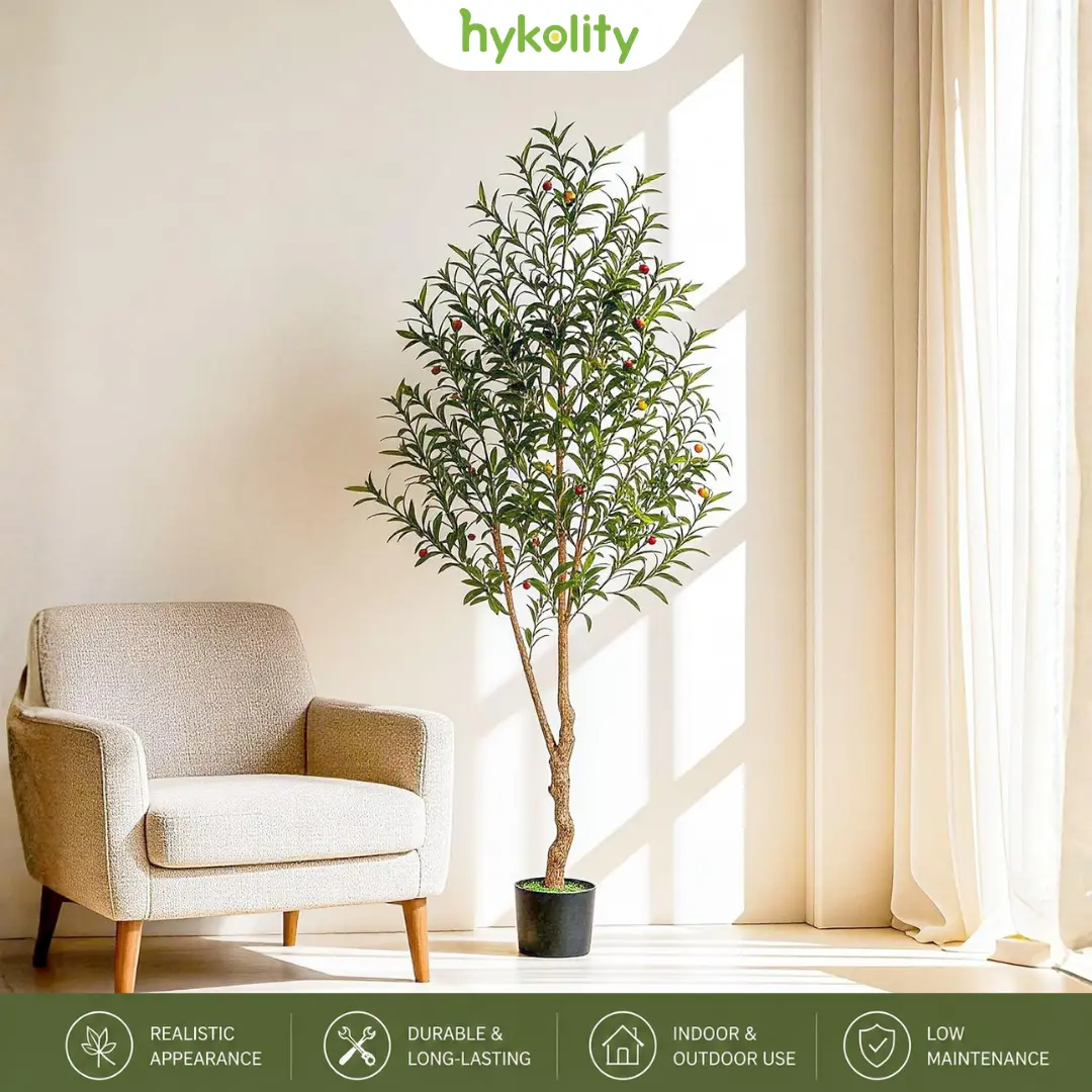 5-8FT Artificial Olive Tree with Black Pot, Tall Faux Olive Plant, Natural Wood Trunk, Realistic Silk Leaves and Lifelike Olive Fruits for Home, Living Room, Office Decor