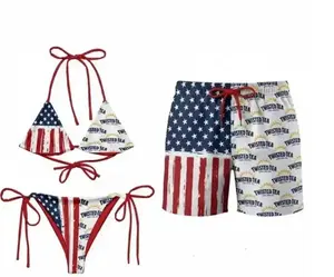 Patriotic Couple Swimwear Set, USA Flag String Bikini & Matching Mesh Shorts, Independence Day Beachwear