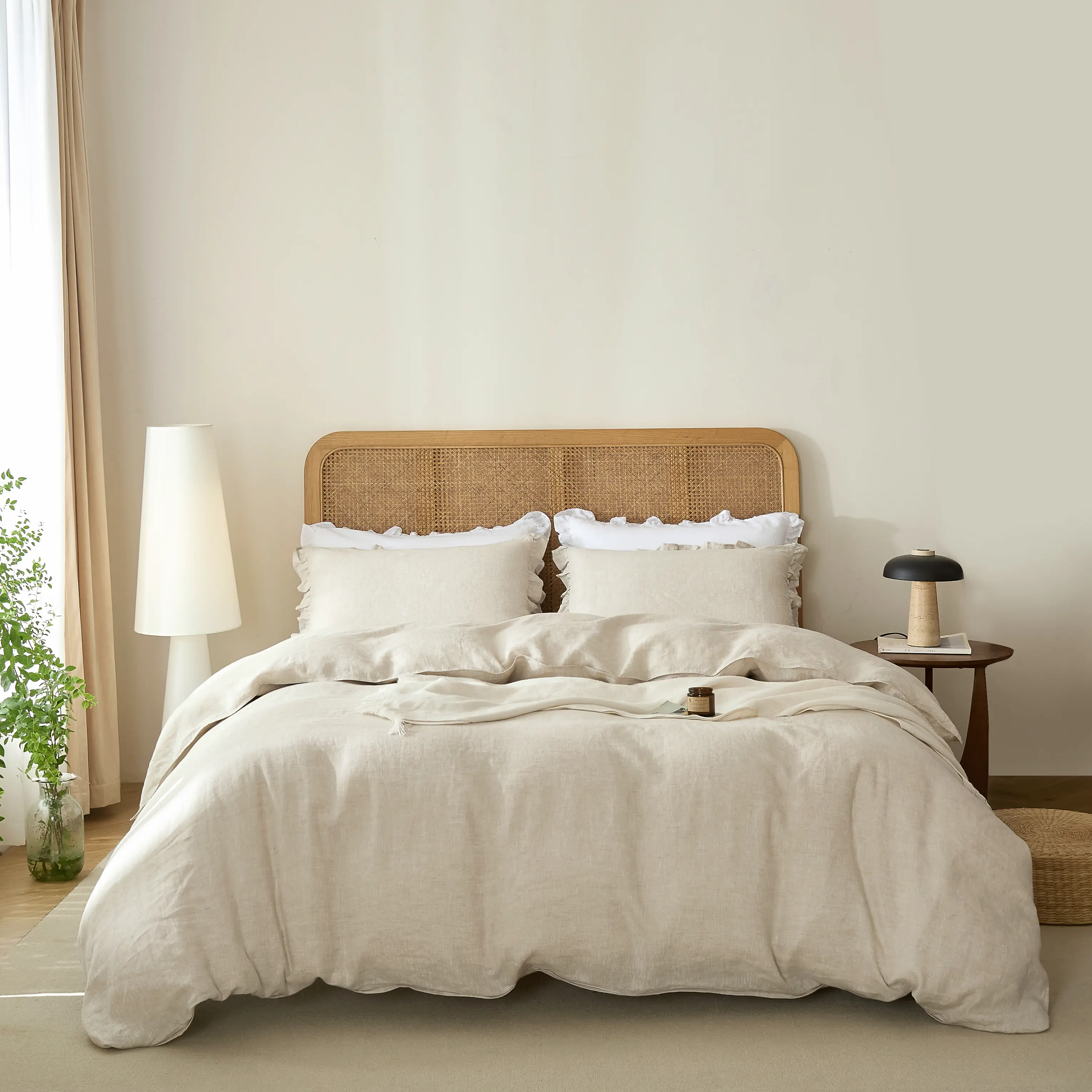 Talasily 100% French Linen Duvet Cover Set 3pc - Zipper Closure & 8 Corner Ties with Ruffled Pillowcases All-Season Breathable Bedding