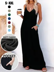 Women's Casual Minimalist Sleeveless Maxi Dress, Loose-Fitting Beachwear, Side Pockets Design, Perfect for Home & Outdoor Use
