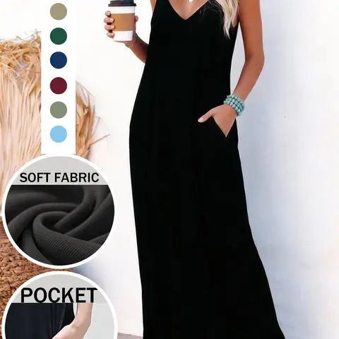 Women's Casual Sleeveless Spaghetti Strap Maxi Dress, Summer Loose-Fitting Beachwear, Side Pockets Design, Perfect for Home & Outdoor Use, Minimalist, Dress with Pockets