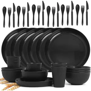 36 Pcs Lightweight Black Wheat Straw Dinnerware Set - Dishes for & Camping| Dishwasher Safe
